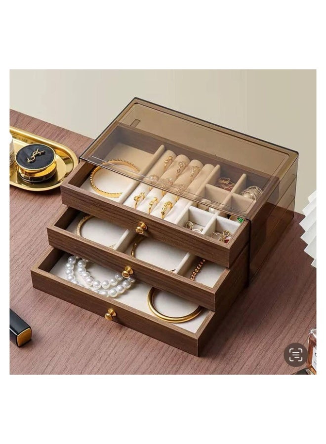 صندوق تخزين مجوهرات فاخر وواسع بثلاثة أدراج مع أدوات ذهبية - هيكل أنيق من خشب الخوخ البني العميق، قابل للتكديس مع أدراج متعددة، وأدراج مبطنة بمقلمة ناعمة، ورف عرض علوي للقلائد والأقراط والأساور - Image 5